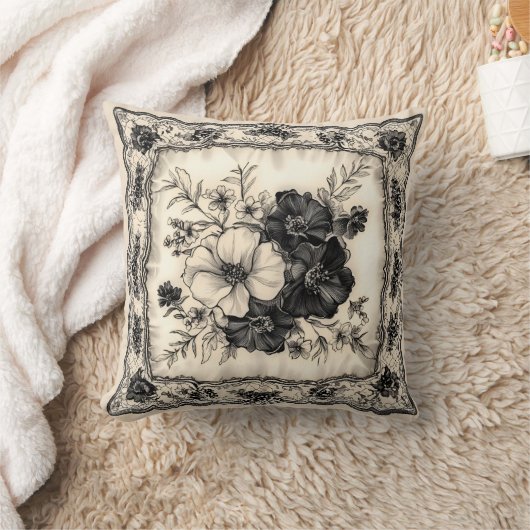 Zwart en Ivoor Bloemen Trouwkussen Kussen (Deken)