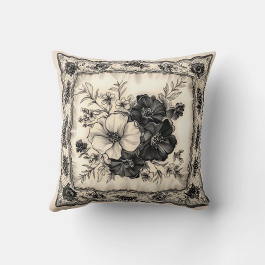 Zwart en Ivoor Bloemen Trouwkussen Kussen (Achterkant)