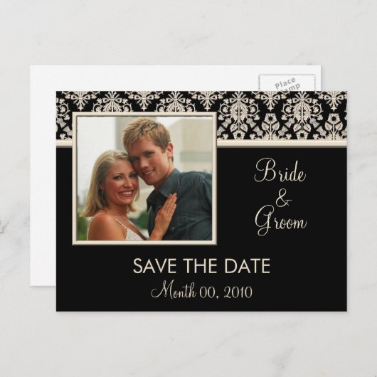 Zwart en Ivoor Damask Save the Date Briefkaarten (Voorkant / Achterkant)