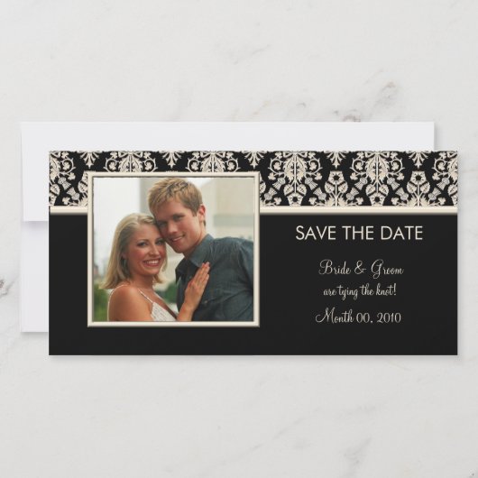 Zwart en Ivoor Damask Save the Date Fotokaarten (Voorkant)