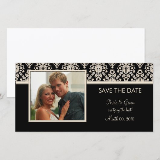 Zwart en Ivoor Damask Save the Date Fotokaarten (Voorkant / Achterkant)