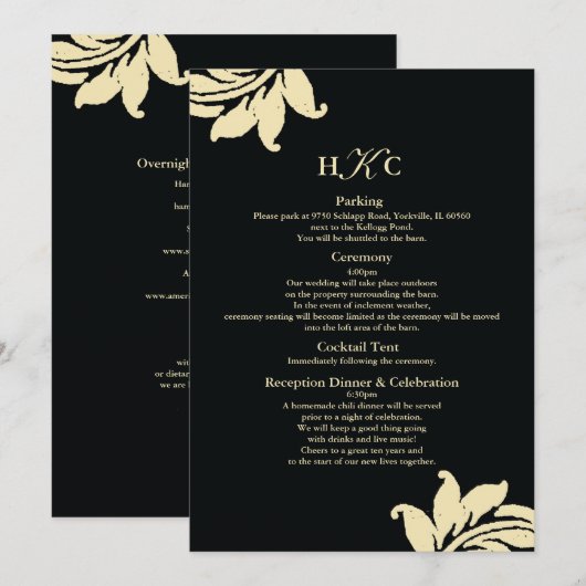 Zwart en ivoor damasten huwelijksbijlage kaart Cus (Voorkant / Achterkant)