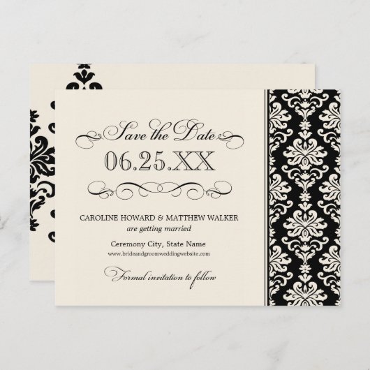 Zwart en Ivoor Elegant Damask Save the Date Aankondigingskaart (Voorkant / Achterkant)