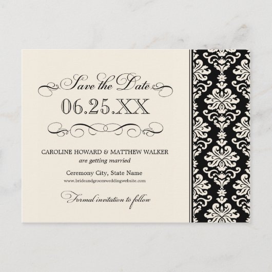 Zwart en Ivoor Elegant Damask Save the Date Aankondigingskaart (Voorkant)
