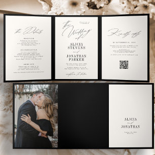 Zwart en ivoor elegant klassiek foto QR-huwelijk Drieluik Uitnodiging