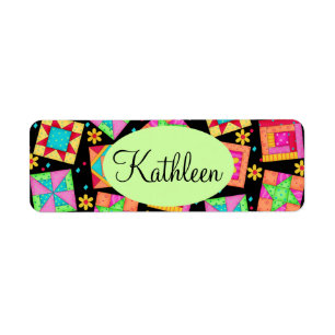 Zwart en kleurrijk patchwork Quilt Block Art Etiket