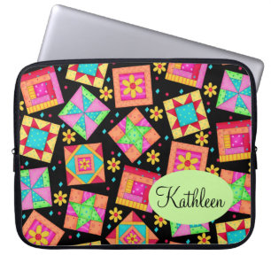 Zwart en kleurrijk patchwork Quilt Block Art Laptop Sleeve