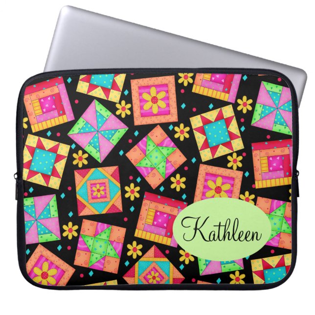 Zwart en kleurrijk patchwork Quilt Block Art Laptop Sleeve (Voorkant)