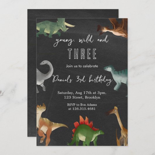 Zwart en Kleurrijk Printable Dinosaurussen Verjaar Kaart (Voorkant / Achterkant)