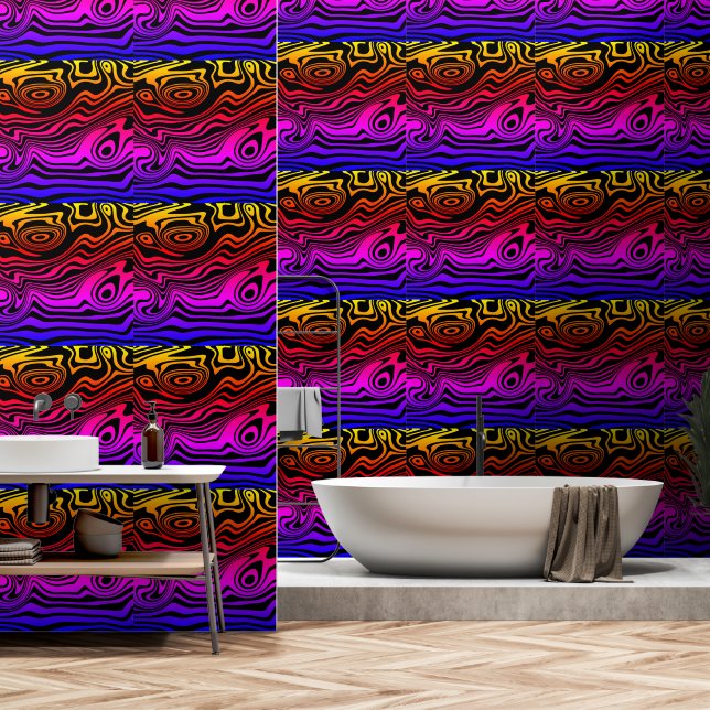 Zwart en Kleurrijke Neon Abstract Waves Art Behang (Badkamer)
