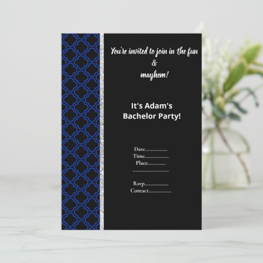 ZWART EN KONINKLIJK BLAUW PATROON BACHELORPARTY UI KAART (Staand voorkant)
