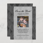 Zwart en koolstof Harlequin met script Save The Date (Voorkant / Achterkant)