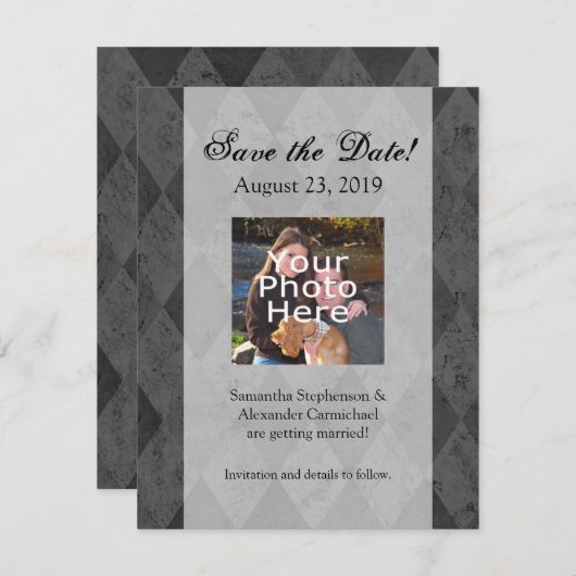 Zwart en koolstof Harlequin met script Save The Date (Voorkant / Achterkant)