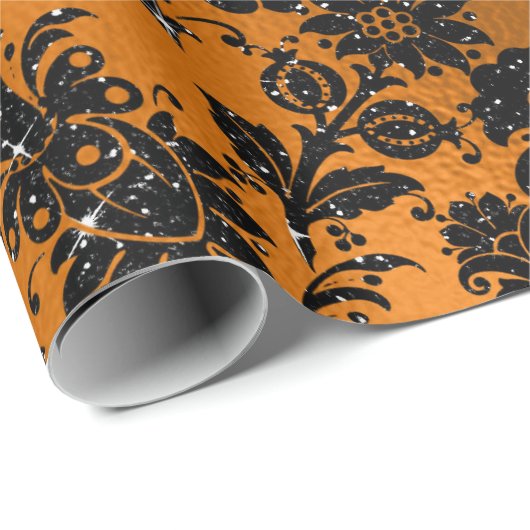 Zwart en koper  Damaspatroon Cadeaupapier (Rol Hoek)
