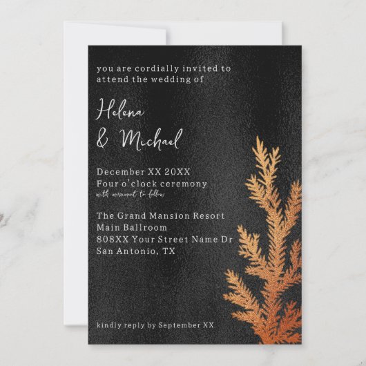 Zwart en Koper Winter Bruiloft Pine Branch Kaart (Voorkant)