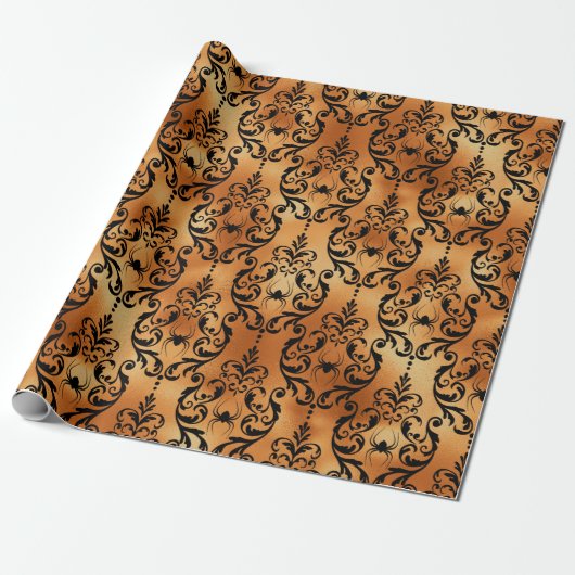 Zwart en koperen Halloween-spinnendamastfolie Cadeaupapier (Uitgerold)