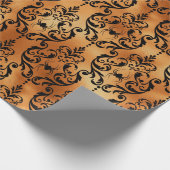 Zwart en koperen Halloween-spinnendamastfolie Cadeaupapier (Hoek)