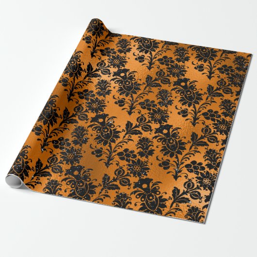 Zwart en koperen vintage damastpatroon cadeaupapier (Uitgerold)