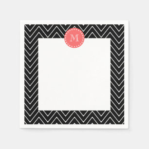 Zwart en koraal Chevron met aangepast monogram Servetten