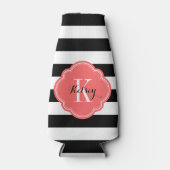 Zwart en koraal Preppy Stripes Monogram Flesjeskoeler (Voorkant)