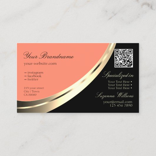 Zwart en koraalgoud met Logo en QR-code Visitekaartje (Achterkant)