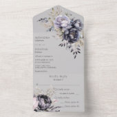Zwart en Lavendel Bloemen op Grijs All In One Uitnodiging (Binnen)