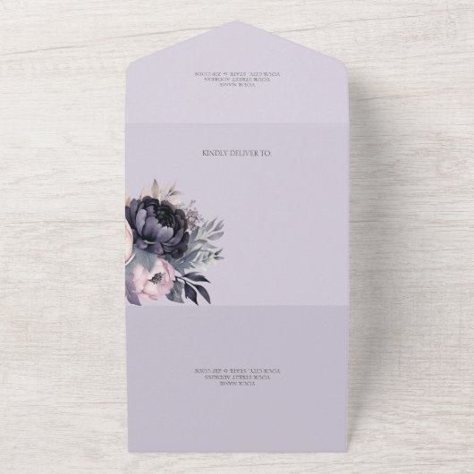 Zwart en Lavendel Bloemen QR Code All In One Uitnodiging (Buitenkant)