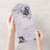 Zwart en Lavendel Bloemen QR Code All In One Uitnodiging (Afscheurbaar)