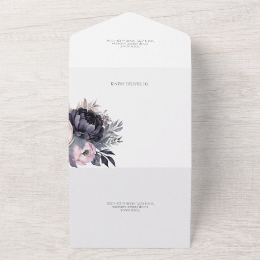 Zwart en Lavendel Bloemen QR Code All In One Uitnodiging (Buitenkant)