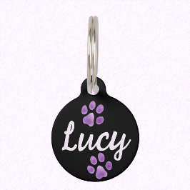 Zwart en Lavendel Pet Paws en aangepaste naam Lucy Huisdierpenning
