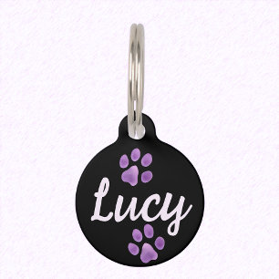 Zwart en Lavendel Pet Paws en aangepaste naam Lucy Huisdierpenning