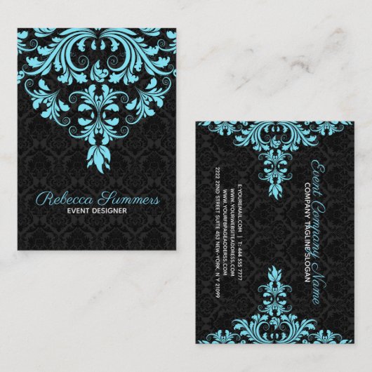 Zwart en lichtblauw bloemenkant visitekaartje (Voorkant / Achterkant)