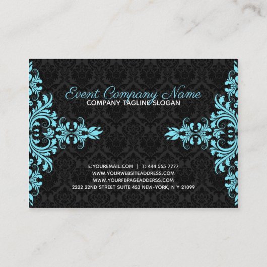 Zwart en lichtblauw bloemenkant visitekaartje (Achterkant)