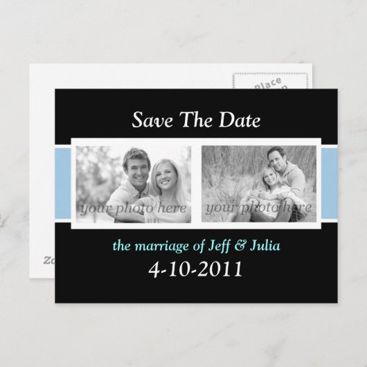 Zwart en lichtblauw "Save the Date" Aankondigingskaart (Voorkant / Achterkant)