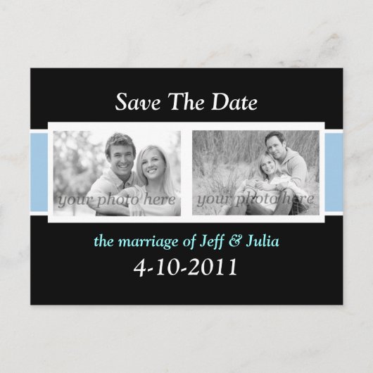 Zwart en lichtblauw "Save the Date" Aankondigingskaart (Voorkant)
