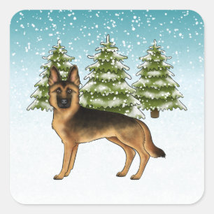 Zwart En Lichtbruin Duitse Herdershond Winter Woud Vierkante Sticker
