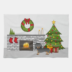 Zwart En Lichtbruin Korthaar Dachshund Kerst Kamer Theedoek