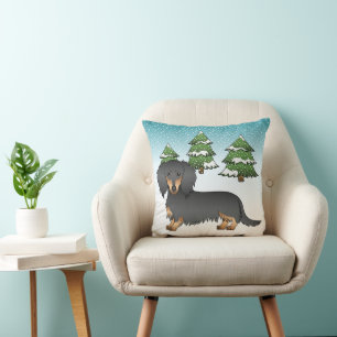 Zwart en lichtbruin langharige Dachshund - Winterb Kussen