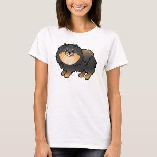 Zwart en lichtbruin lief cartoon Pomeranian hond T-shirt