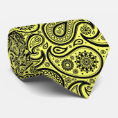 Zwart en lichtgeel retro paisley ham patroon stropdas (Opgerold)