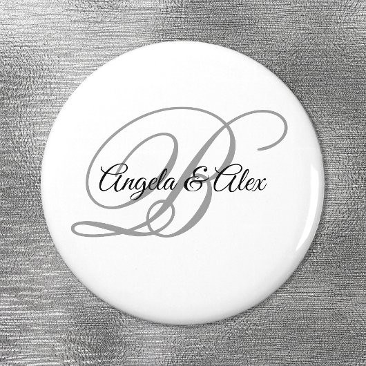 Zwart en lichtgrijs fancy script monogram wit magneet