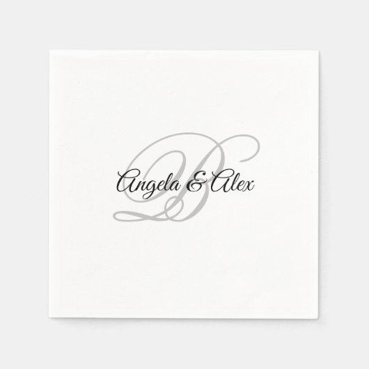 Zwart en lichtgrijs fancy script monogram wit servet (Voorkant)