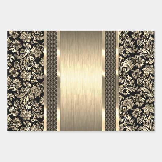 Zwart en lichtgroen, goud en blauwe tint damast inpakpapier vel (Voorkant 3)
