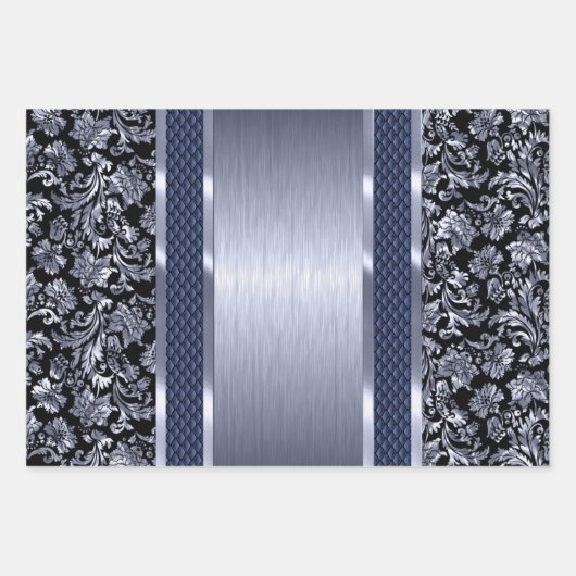 Zwart en lichtgroen, goud en blauwe tint damast inpakpapier vel (Voorkant 2)