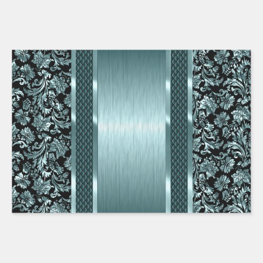 Zwart en lichtgroen, goud en blauwe tint damast inpakpapier vel (Voorkant)