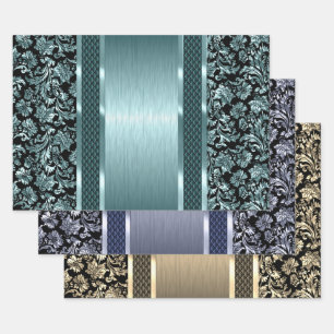 Zwart en lichtgroen, goud en blauwe tint damast inpakpapier vel