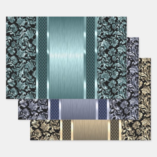 Zwart en lichtgroen, goud en blauwe tint damast inpakpapier vel (Set)