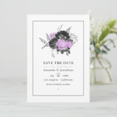 Zwart en lila vintage bloemige trouwfoto save the date (Staand voorkant)