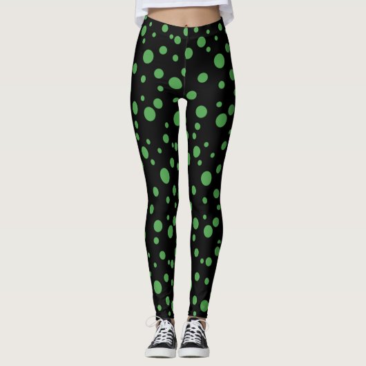 Zwart en lime groene polka gestippelde Leggings (Voorkant)