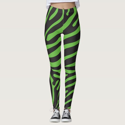 Zwart en lime groene zebra print leggings (Voorkant)